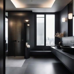 An elegant black-themed bathroom within a Japanese penthouse featuring sleek design elements, high-end fixtures, grand mirror, and serene ambiance