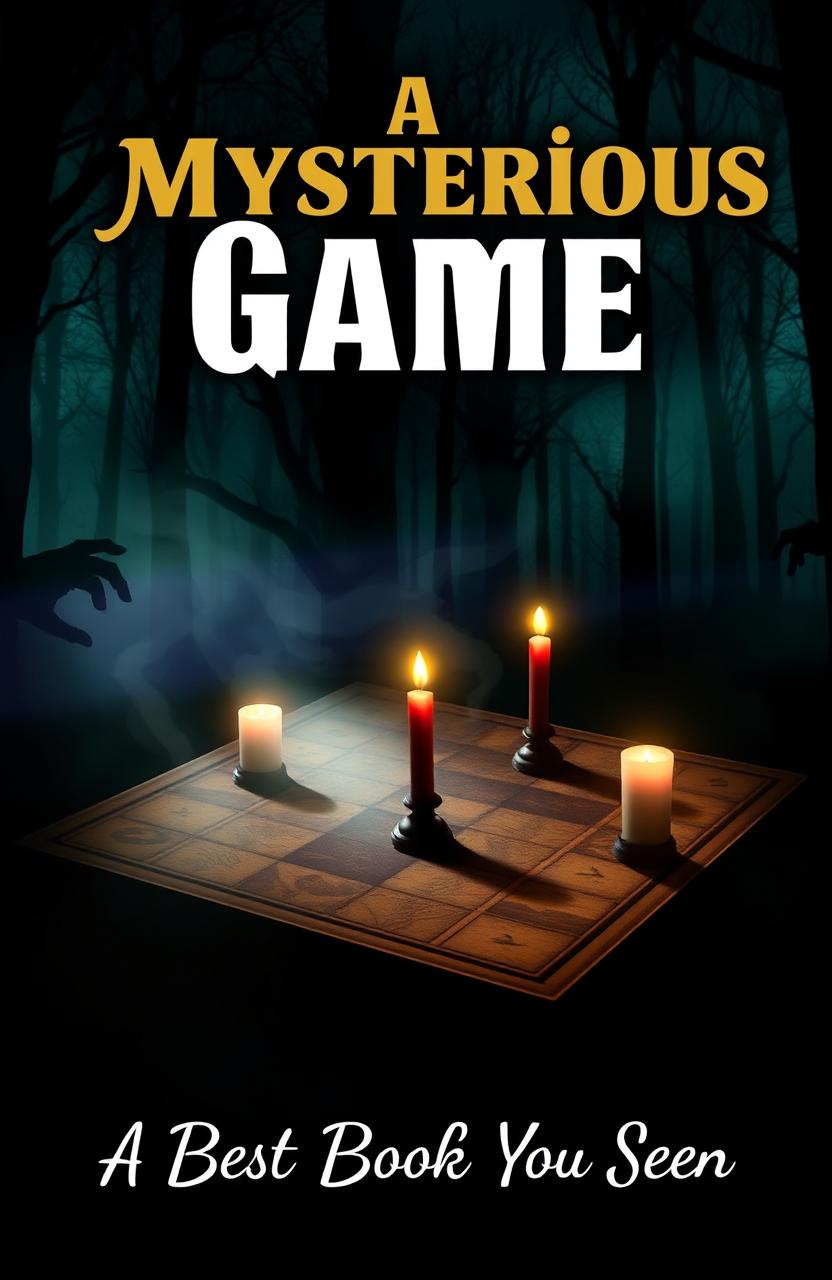 An intriguing book cover design for a mystery novel titled 'A Mysterious Game', featuring an enigmatic game board with flickering candlelight casting shadows