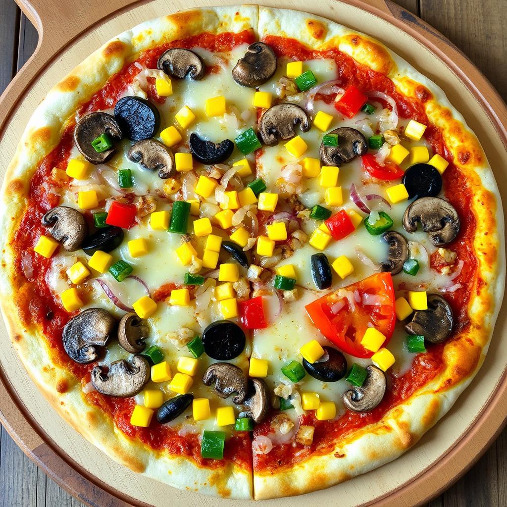 A delicious pizza featuring a golden, crispy crust topped with a colorful mix of sweet corn, tender mushrooms, vibrant capsicum, and crunchy onions