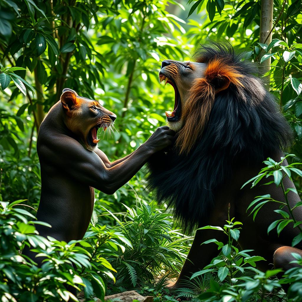 A captivating scene set in a lush jungle, featuring a slender and beautiful black female lion playfully engaging in a mock fight with a majestic black male lion