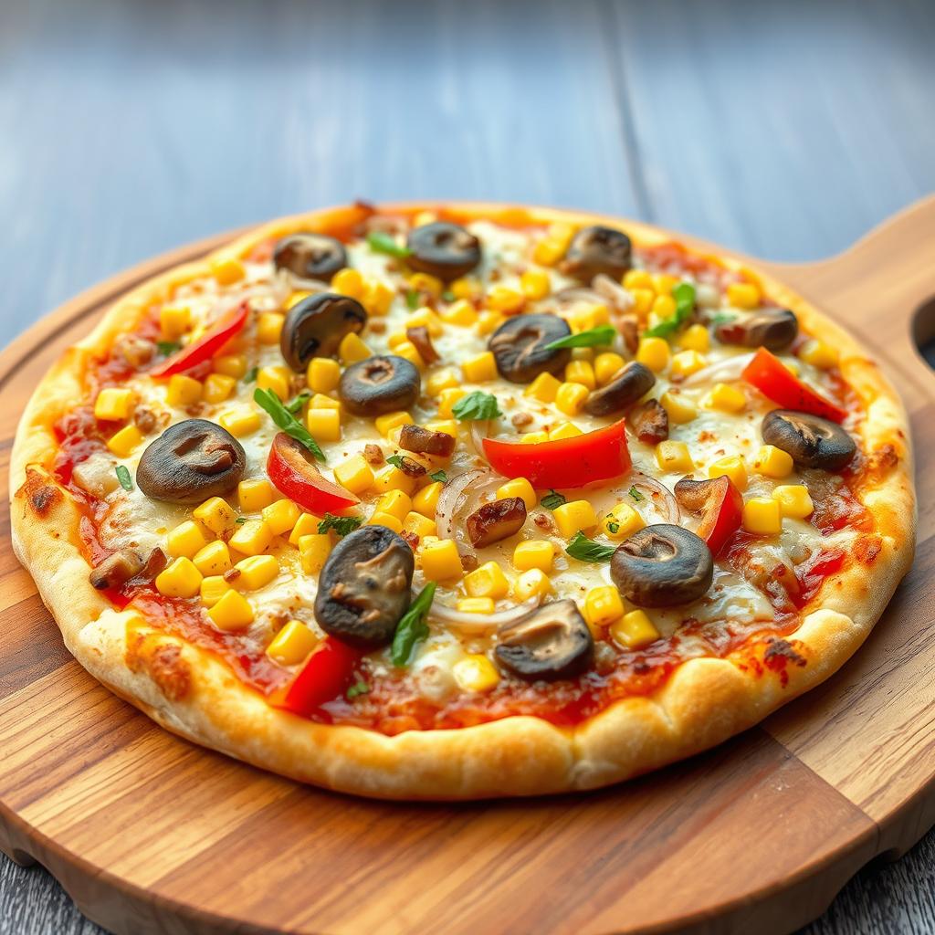 An appetizing pizza featuring a perfectly baked golden crust topped with a delightful mix of sweet corn, juicy mushrooms, vibrant capsicum, and crunchy onions