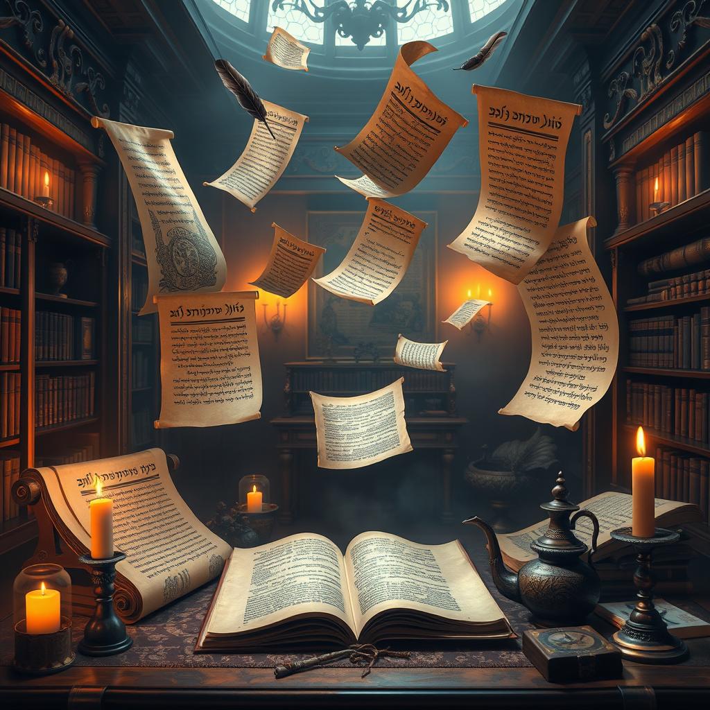 An imaginative and artistic representation of 'Ketuvim - The Writings', showcasing ancient scrolls and manuscripts, beautifully adorned with intricate calligraphy and illustrations