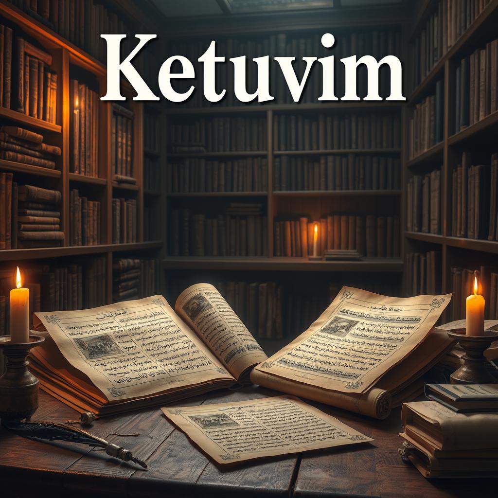 An imaginative and artistic representation of 'Ketuvim - The Writings', featuring ancient scrolls and manuscripts laid open, showcasing intricate calligraphy and vivid illustrations