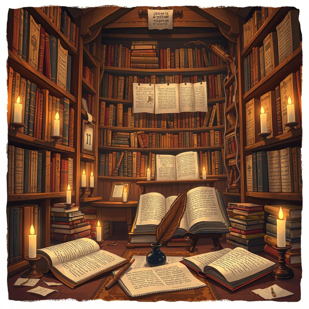 An artistic and captivating illustration representing 'Ketuvim - The Writings', featuring an array of ancient scrolls and manuscripts, beautifully displayed with exquisite calligraphy and rich illustrations