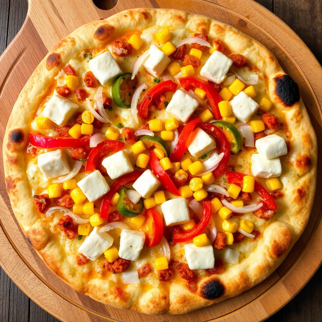 An enticing pizza featuring a crispy, cheesy crust topped with creamy paneer, crunchy capsicum, sweet corn, and finely sliced onions