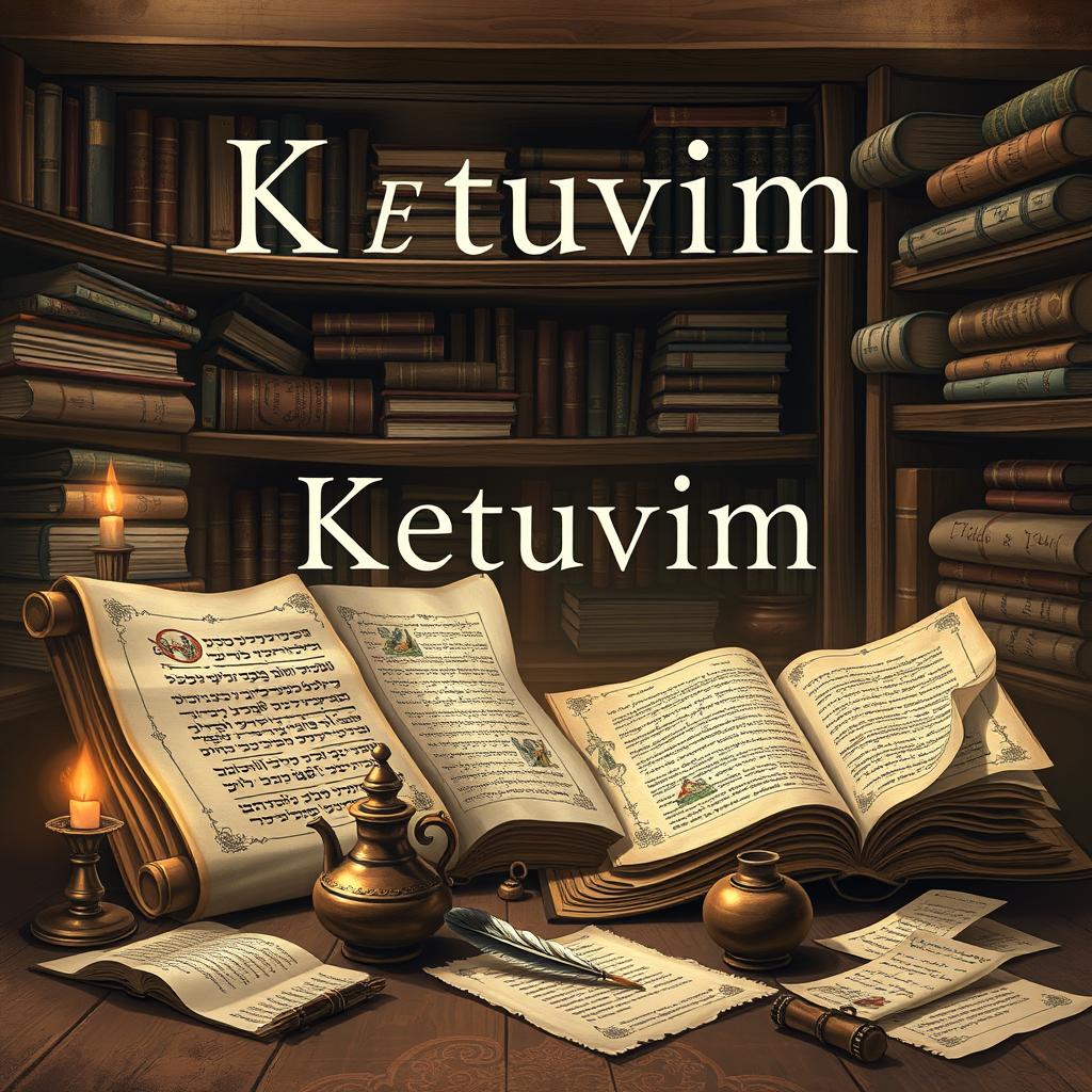 An artistic interpretation of 'Ketuvim - The Writings', featuring a collection of ancient scrolls and manuscripts, richly detailed with elegant calligraphy and beautiful illustrations