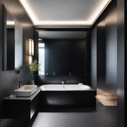 An elegant black-themed bathroom within a Japanese penthouse featuring sleek design elements, high-end fixtures, grand mirror, and serene ambiance