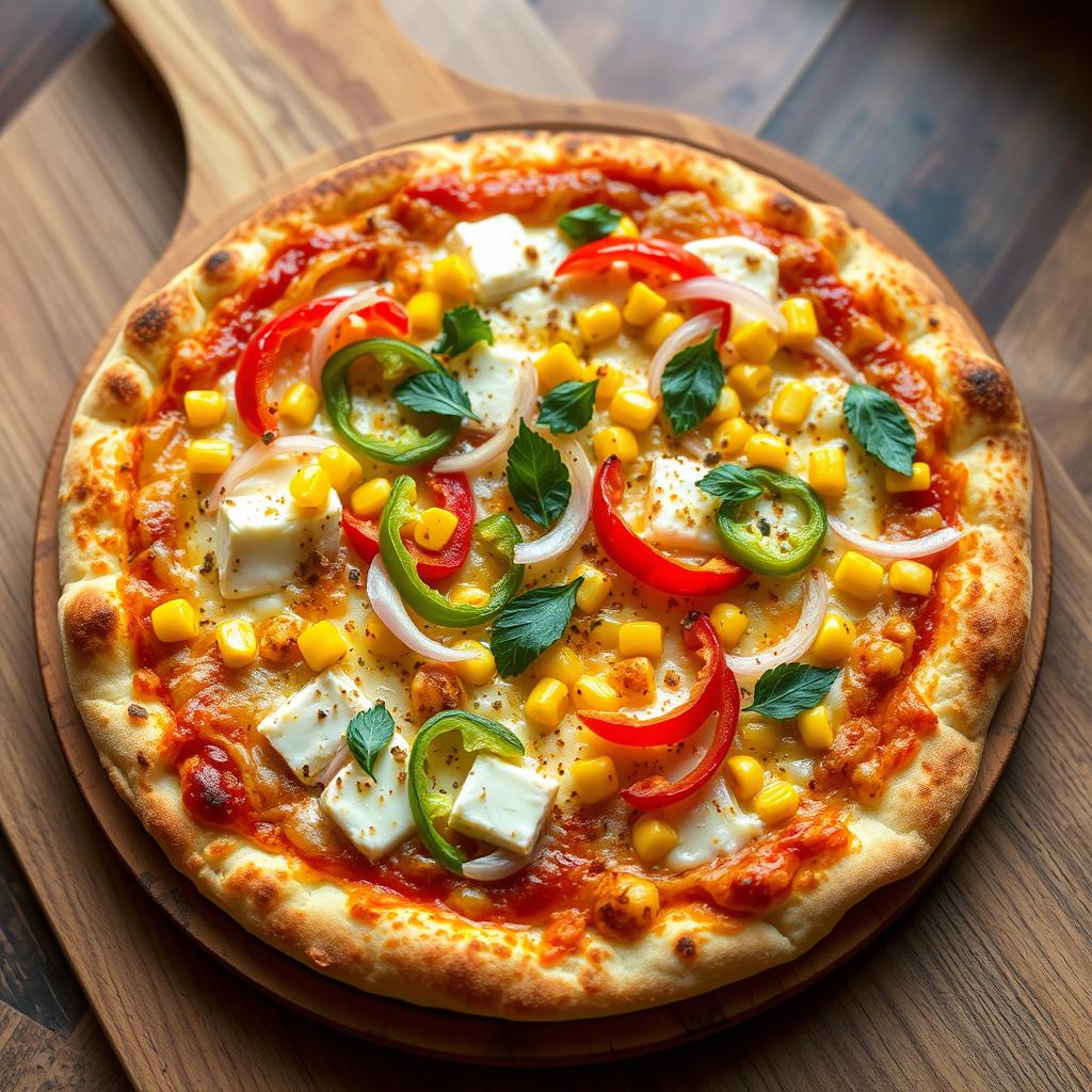 An irresistible pizza topped with a crunchy, golden crust that supports a rich layer of creamy paneer, vibrant capsicum, sweet corn, and finely sliced onions