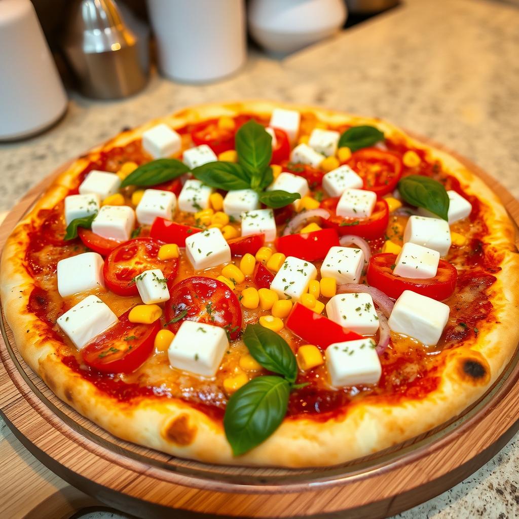 A delectable pizza topped with juicy, ripe tomatoes, soft and creamy paneer cubes, sweet golden corn, crunchy red and green capsicum, and fresh slices of onions, all harmoniously blended with melty mozzarella cheese for an irresistible flavor combination