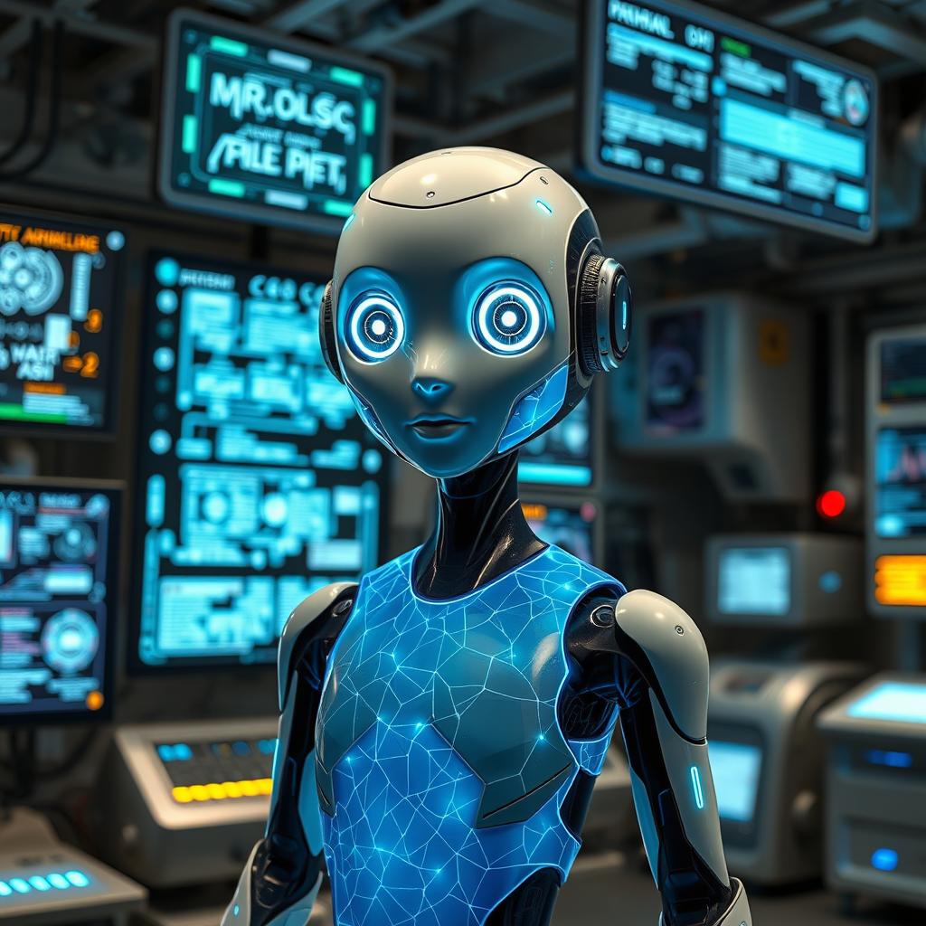 An AI character with a sleek and futuristic design, featuring a glowing blue neural network pattern along its transparent body
