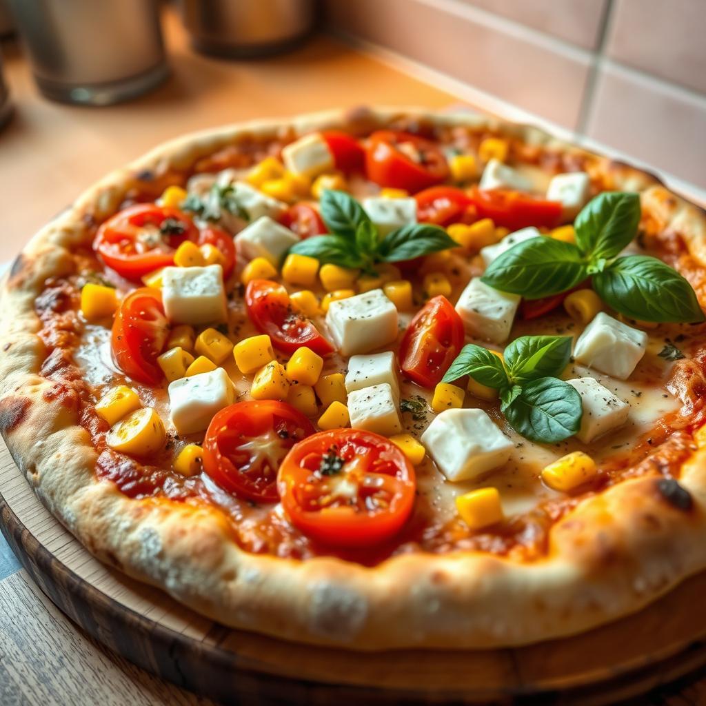 A delicious pizza featuring juicy, ripe tomatoes, soft and creamy paneer cubes, sweet golden corn, crunchy red and green capsicum, and fresh onion slices, all layered on a cheesy base of melting mozzarella for an irresistible flavor combination