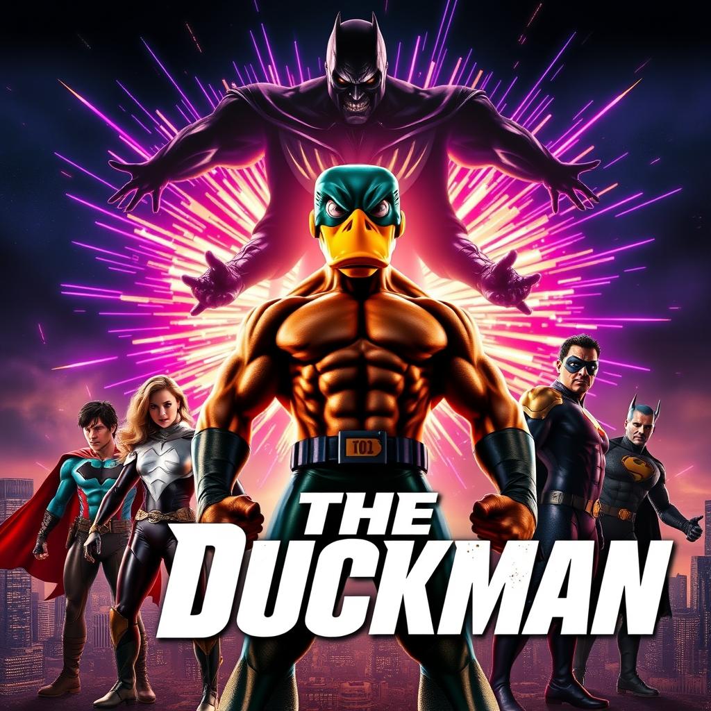 A dynamic and vibrant superhero movie poster for 'The Duckman'