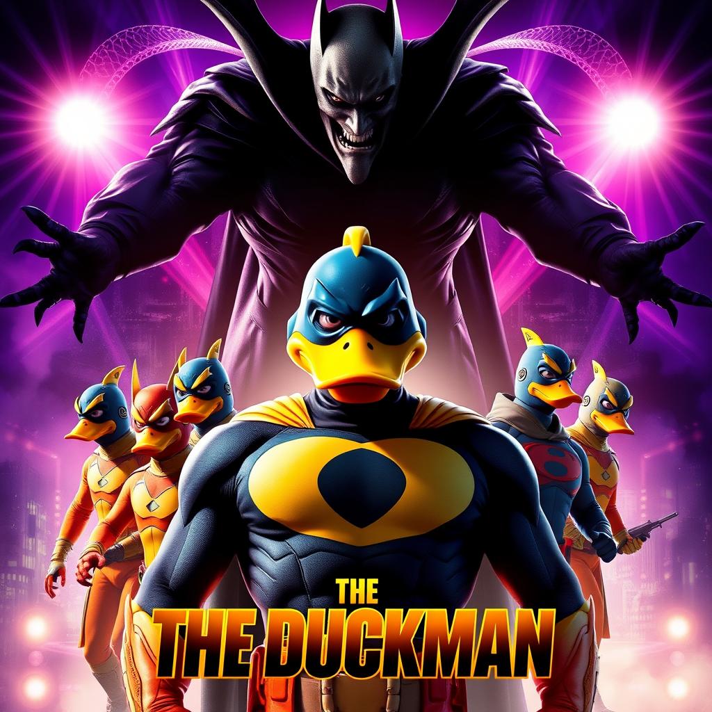 A thrilling superhero movie poster titled 'The Duckman'