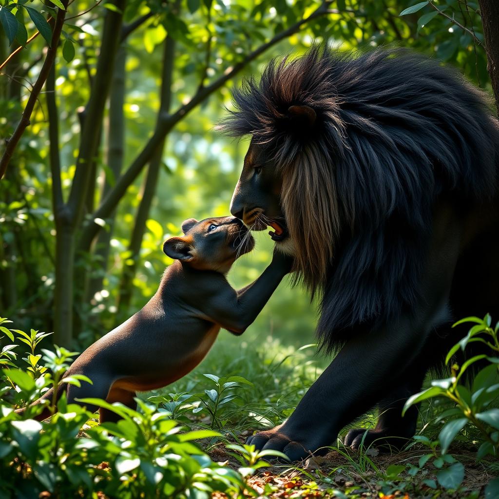 A charming scene set in a dense forest, featuring a cute black female lion playfully fighting with a majestic black male lion