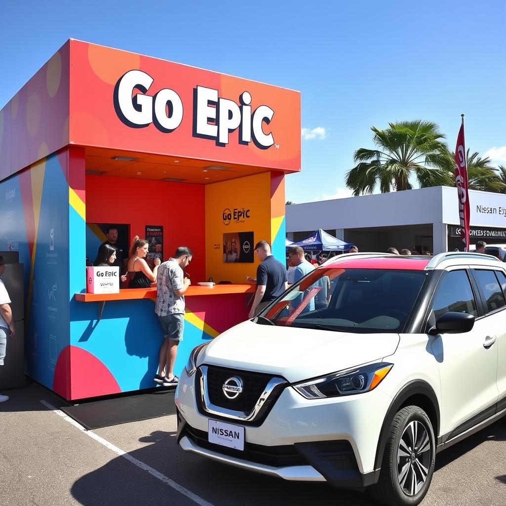A vibrant and colorful pop-up booth featuring the bold text 'Go Epic' prominently displayed