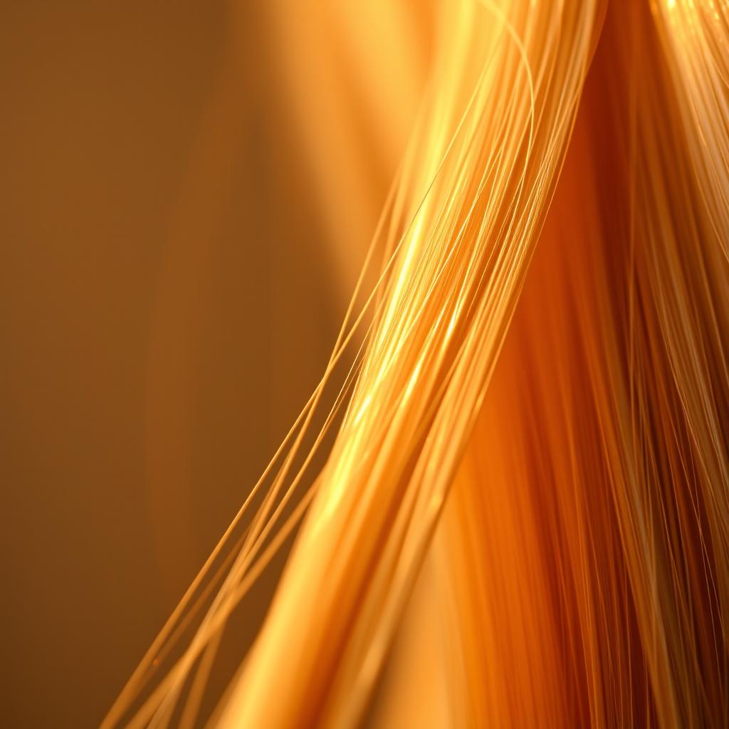 A close-up image of a single shiny blonde hair strand glistening in the light