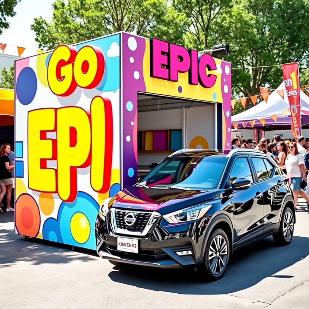 A colorful pop-up booth featuring the bold text 'Go Epic' in large, playful letters