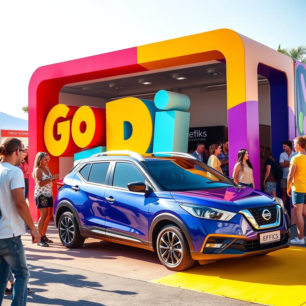 A lively and colorful pop-up booth displaying the text 'Go Epic' in large, playful letters
