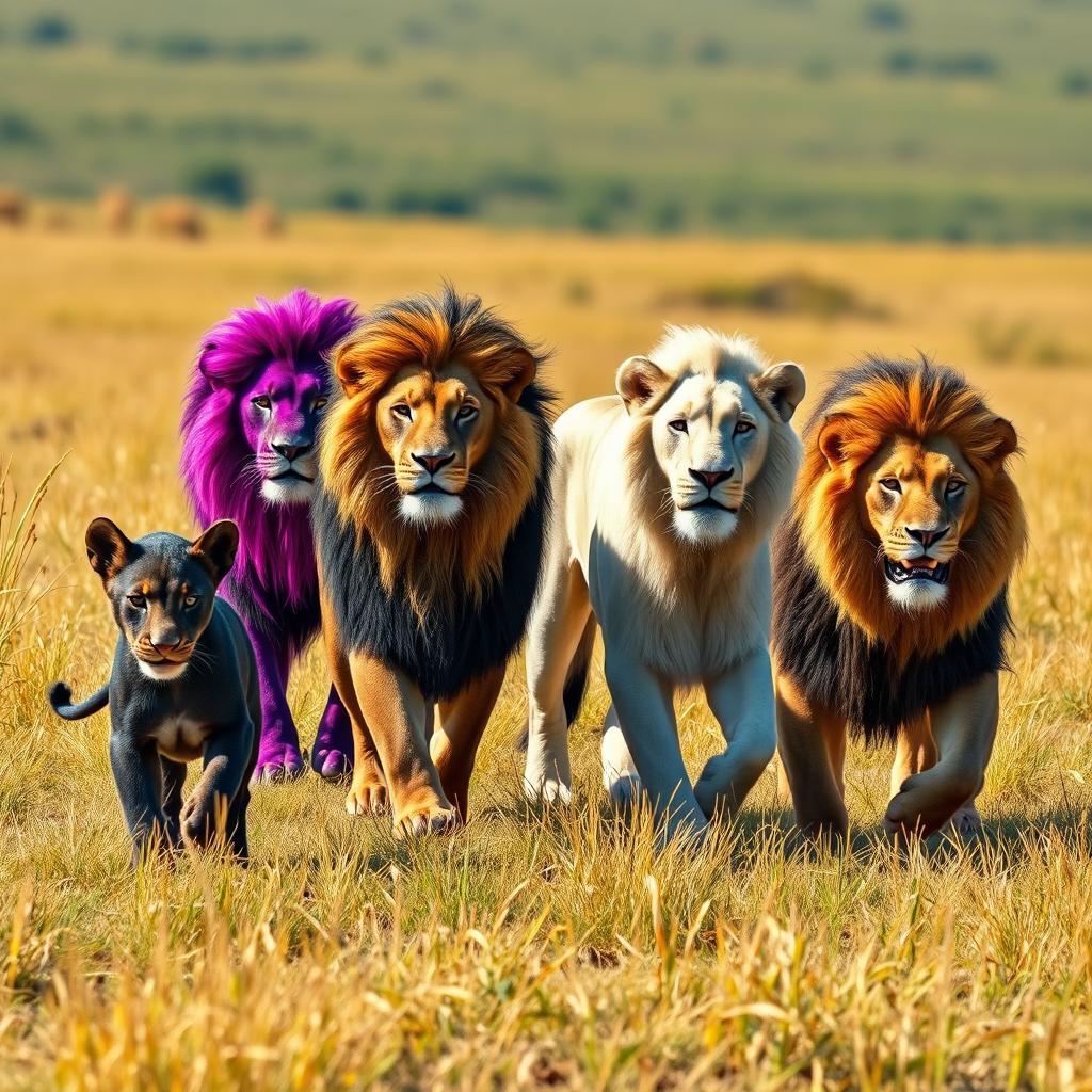 A charming scene featuring a cute black lioness walking gracefully alongside four majestic lions: two striking black lions, a regal purple lion with vibrant hues, a pristine white lion with a glossy coat, and a powerful brown lion showcasing its muscular form