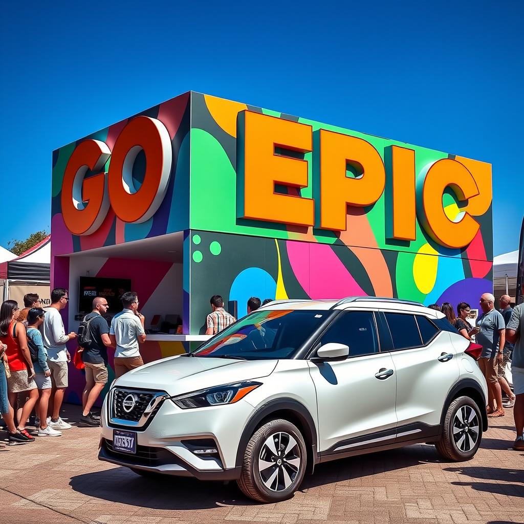 A colorful pop-up booth with the bold text 'GO EPIC' displayed prominently in large, vibrant letters