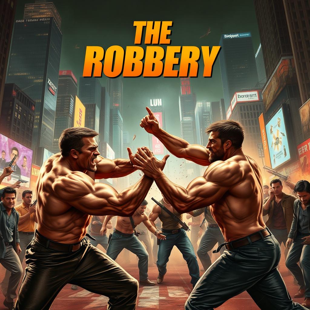 An intense action movie scene titled 'The Robbery', featuring muscular men engaged in a fierce fight amidst a bustling cityscape