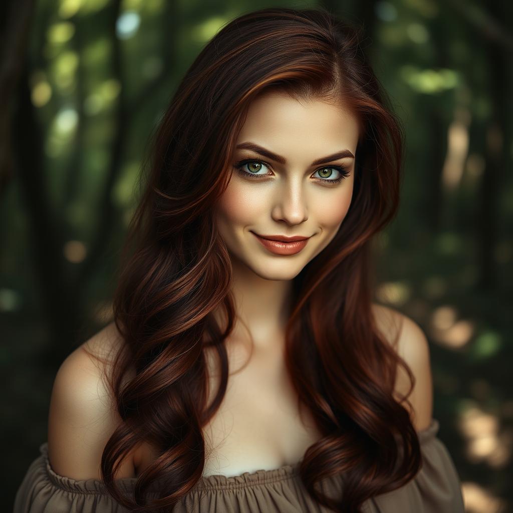 A striking portrait of a woman with dark red hair, cascading in soft waves down her shoulders