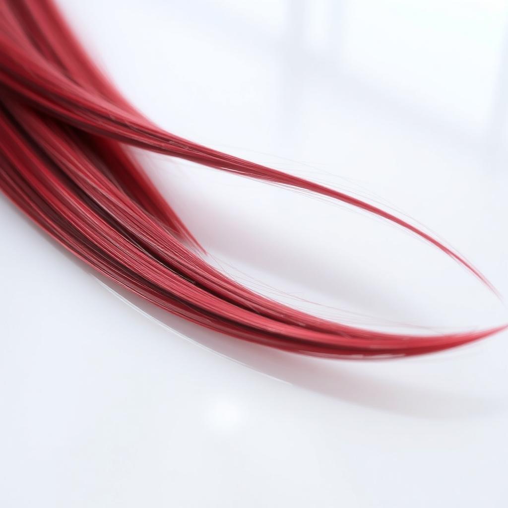 A close-up view of a single dark red hair strand elegantly overlapping on a smooth, reflective surface, showcasing its vibrant color and glossy texture