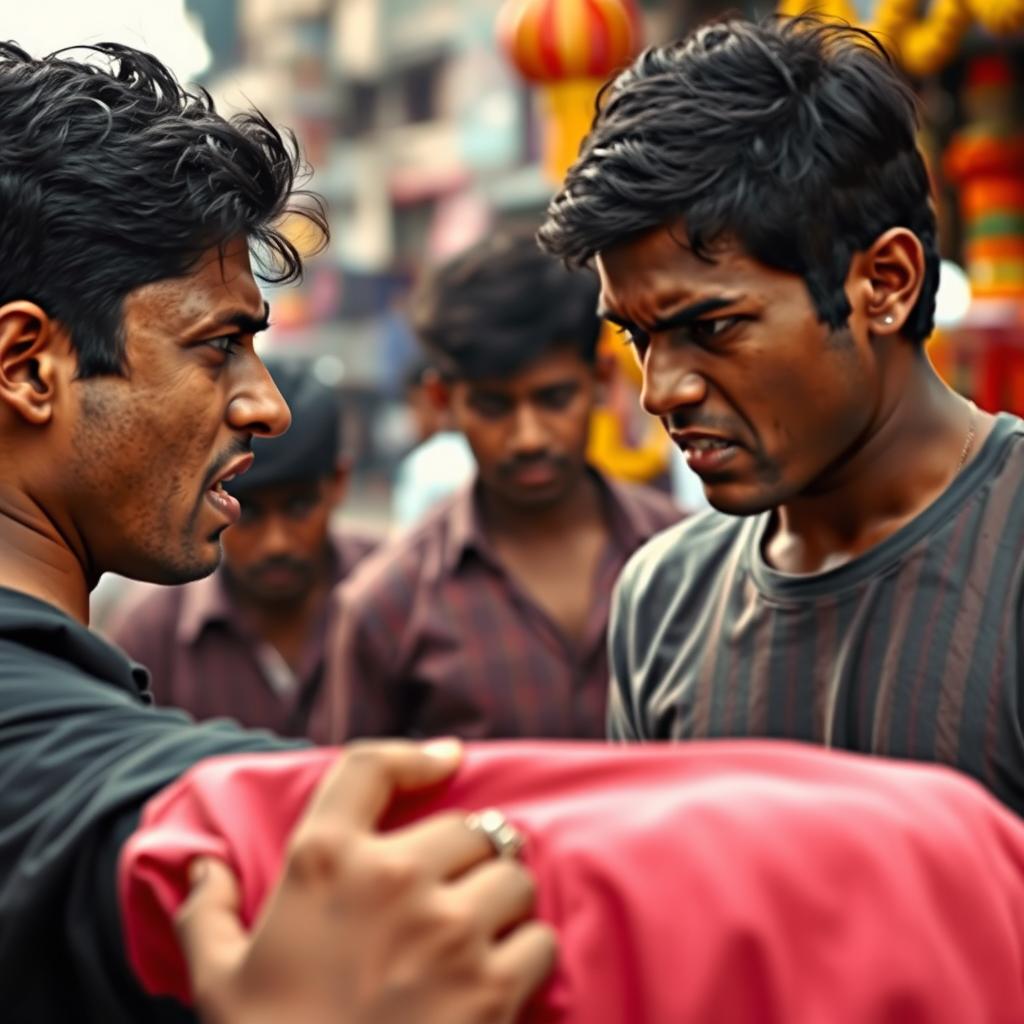 A poignant and dramatic scene depicting a tense moment between two friends arguing over a t-shirt that costs 300 rupees, set in a bustling street of Nagpur, Maharashtra