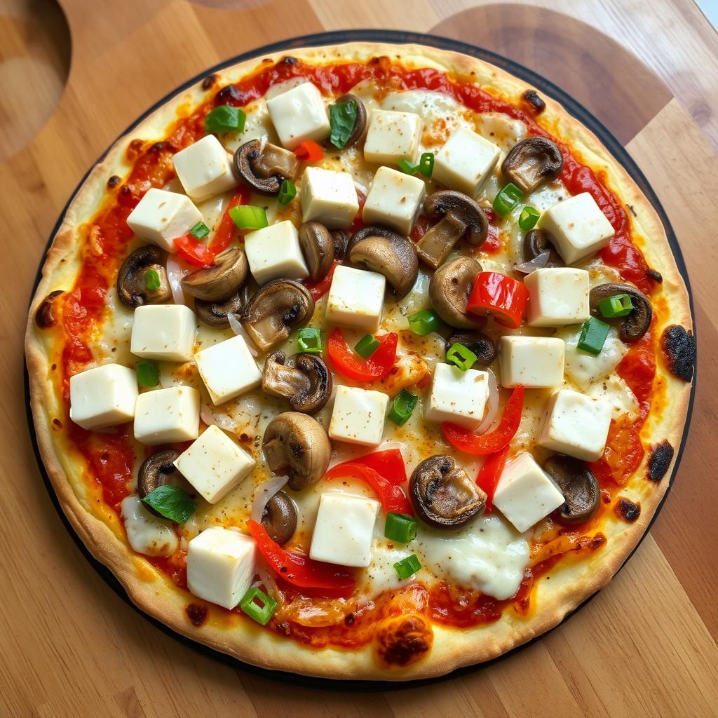 A mouthwatering pizza featuring soft paneer cubes, tender mushrooms, vibrant capsicum, and fresh onions, all harmoniously layered beneath a generous topping of melted mozzarella cheese