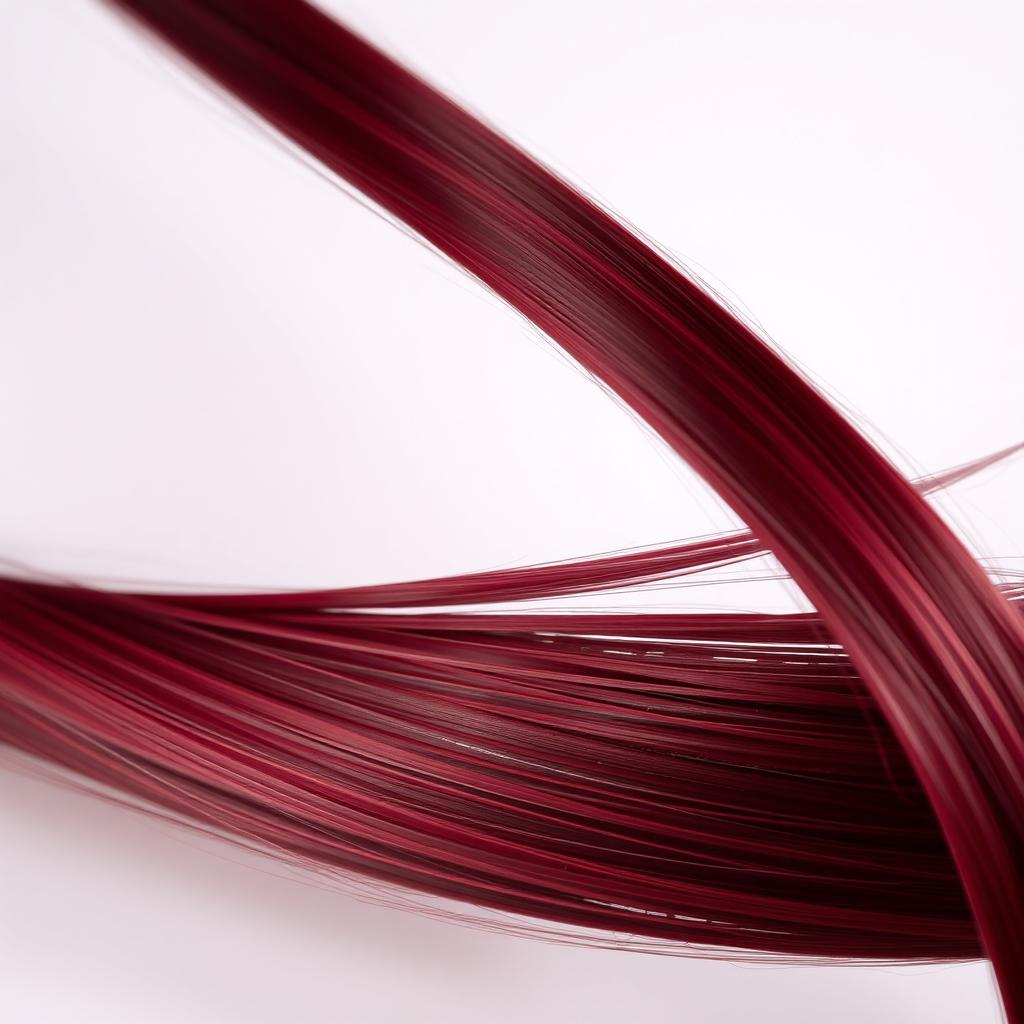 A close-up view of a single dark red hair strand beautifully positioned against a soft, blurred background