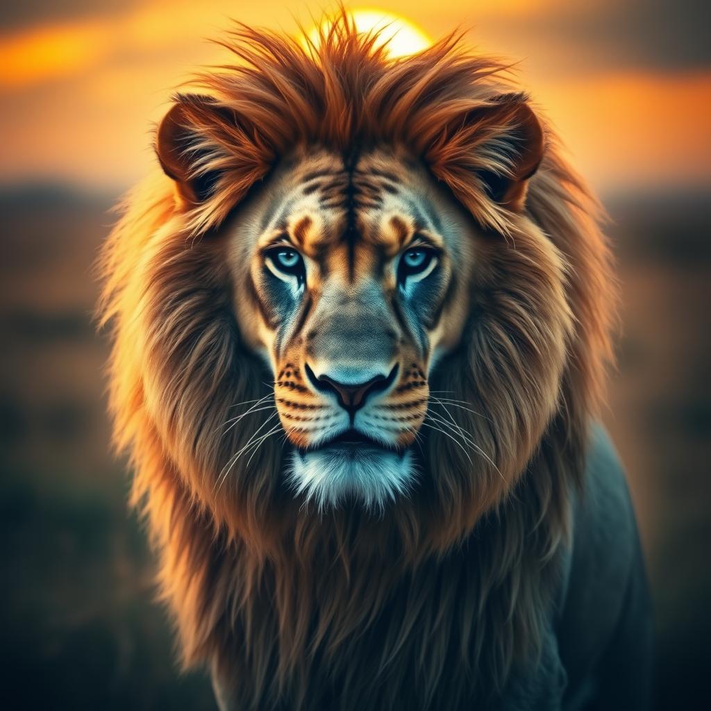 A strikingly majestic male lion with a fierce expression, featuring captivating blue eyes that stand out against his rich, golden mane