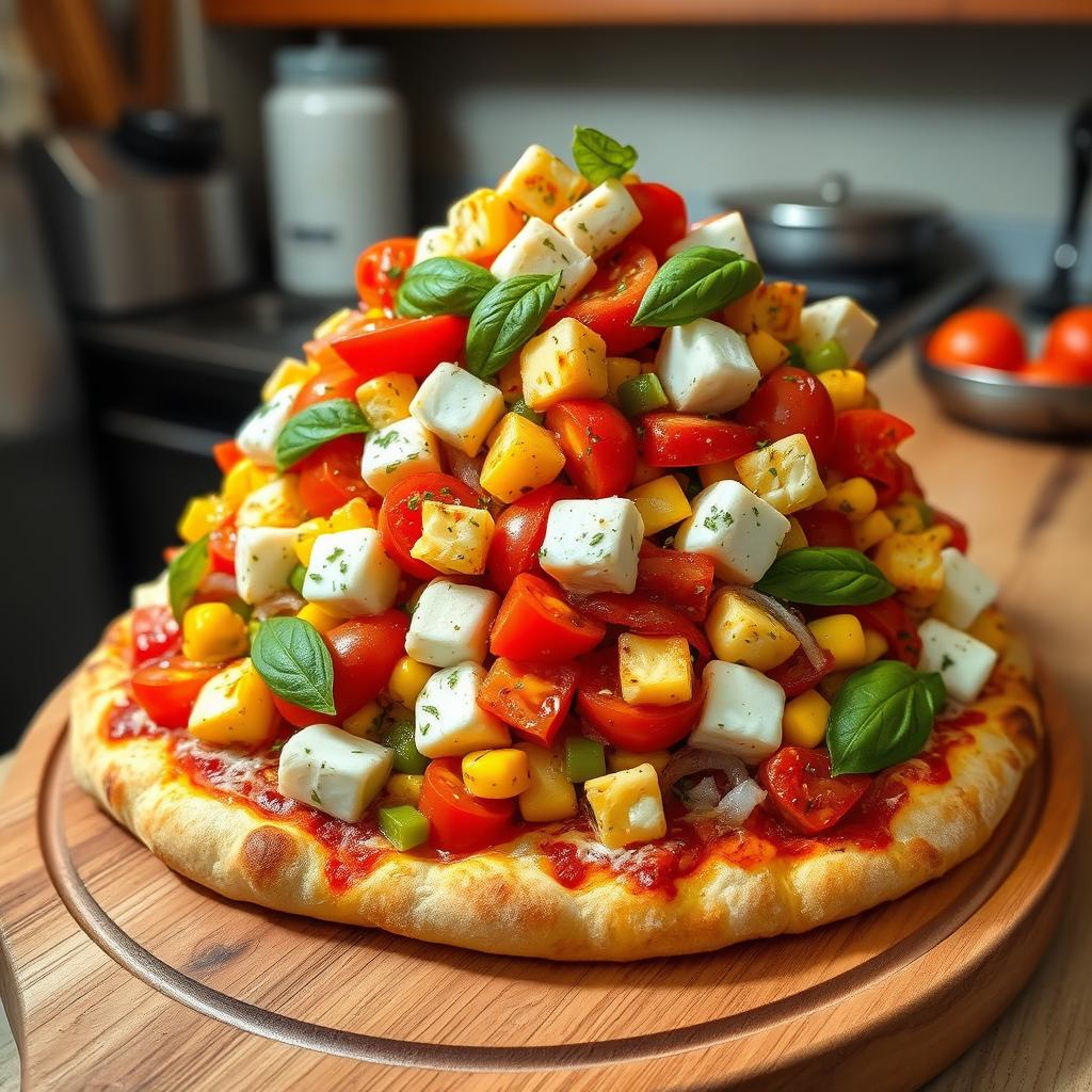 A tantalizing pizza piled high with juicy, ripe tomatoes, soft and creamy paneer cubes, sweet golden corn, crunchy green and red capsicum, and fresh onion slices, all generously topped with melted mozzarella cheese for an irresistible flavor
