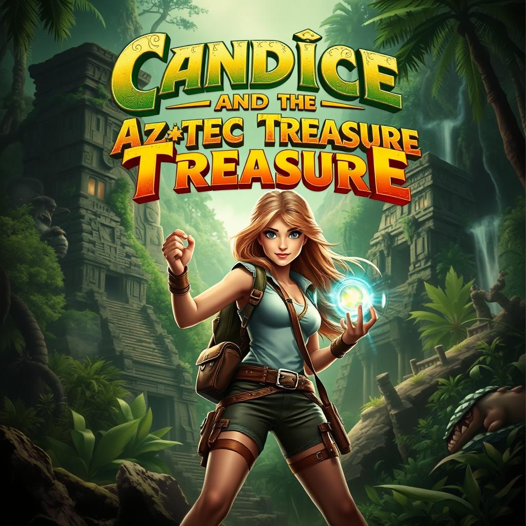 An action movie poster titled 'Candice and the Aztec Treasure', featuring a strong and adventurous female protagonist, Candice, depicted in a dynamic pose as she explores an ancient Aztec jungle