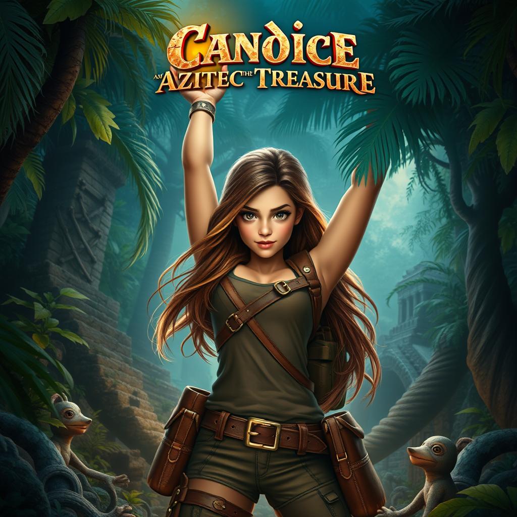 A hyper-realistic action movie poster titled 'Candice and the Aztec Treasure', featuring the adventurous and determined character, Candice