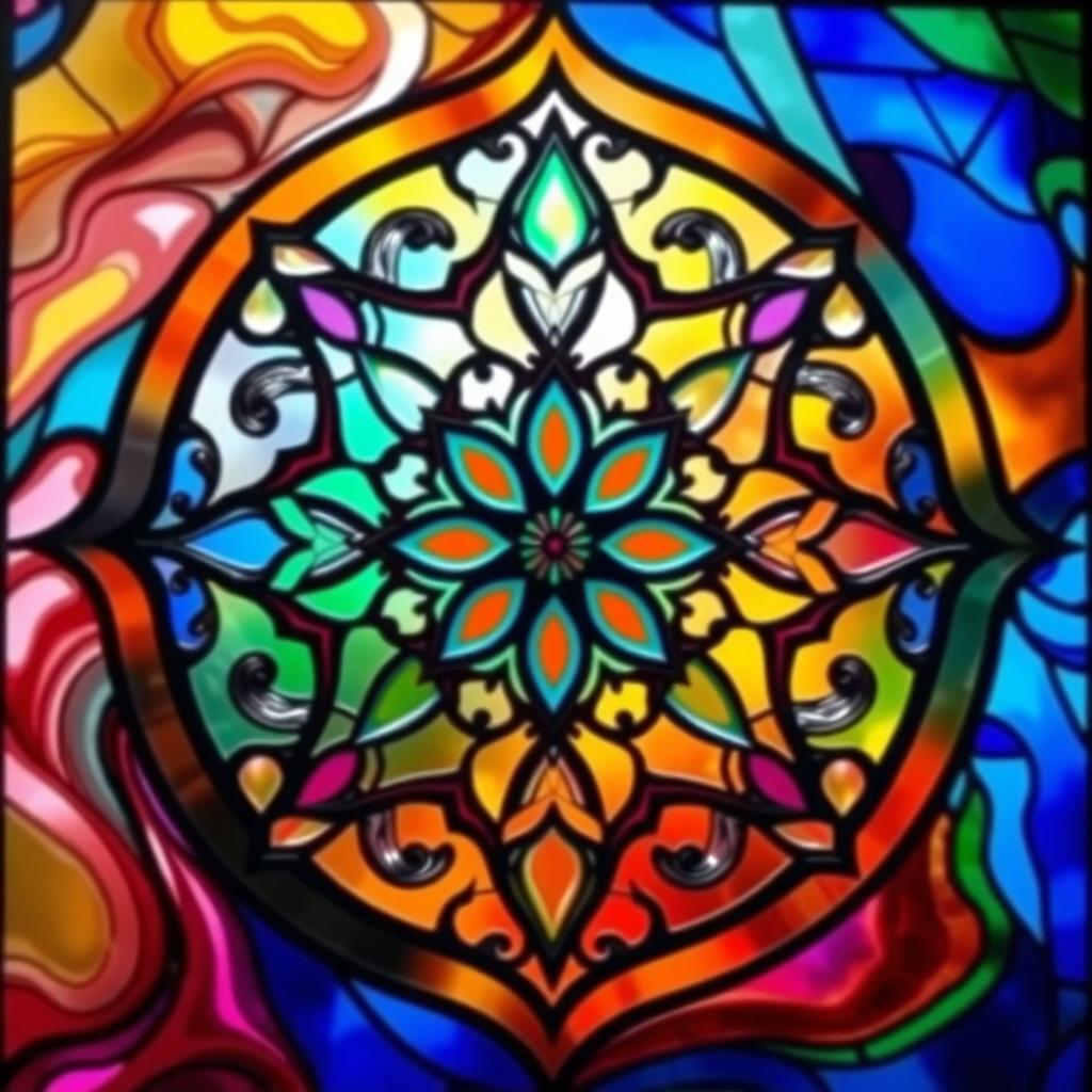 A beautiful stained glass design featuring intricate patterns and shapes, with a vibrant and colorful background that flows harmoniously, enhancing the existing design elements without altering them