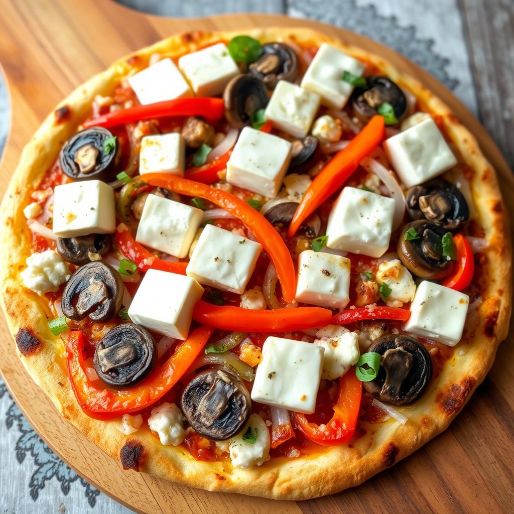 A delectable pizza featuring soft paneer cubes, tender mushrooms, vibrant capsicum, and fresh onions, all generously topped with melted mozzarella cheese