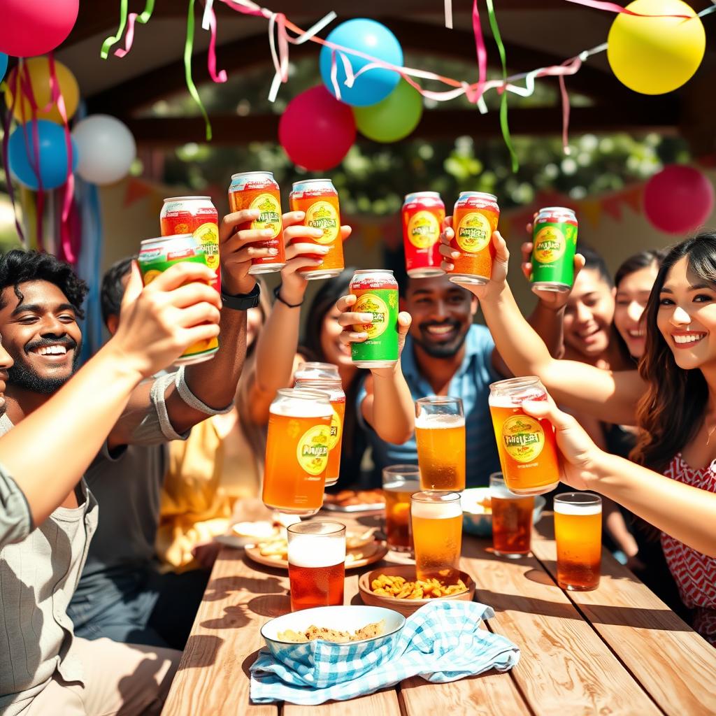 A lively scene of a group of friends cheering together in a festive atmosphere, each holding a bright and colorful beer can