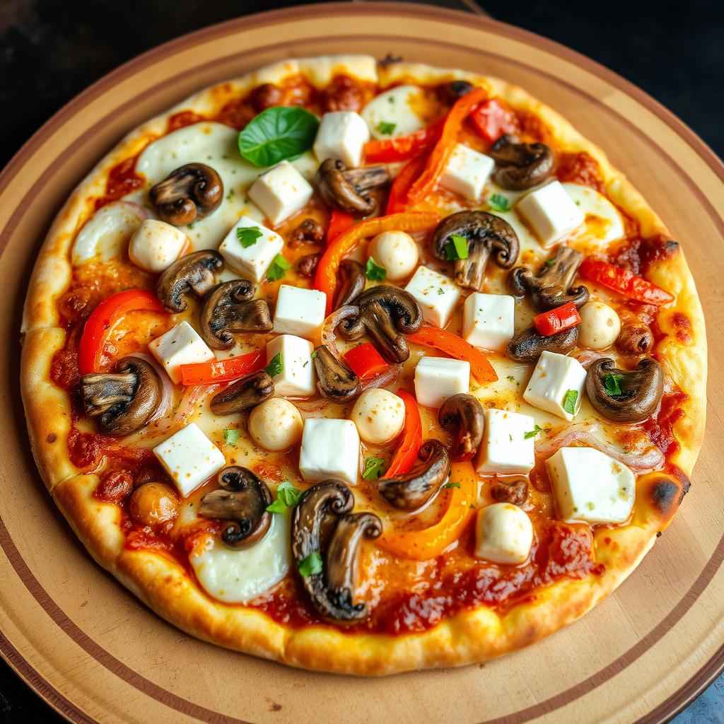 A delicious pizza featuring soft paneer cubes, tender mushrooms, vibrant capsicum, and fresh onions, all beautifully melted beneath a generous layer of mozzarella cheese