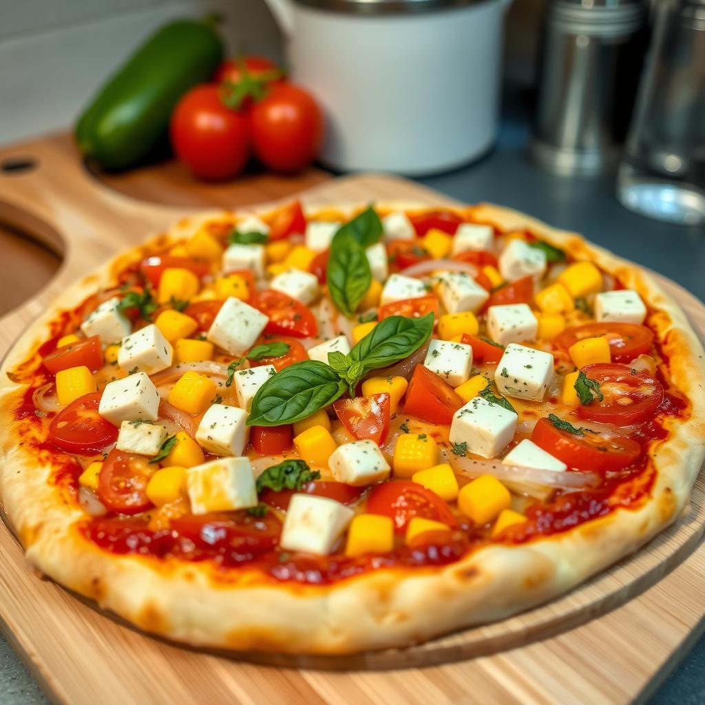 An appetizing pizza adorned with juicy, ripe tomatoes, soft and creamy paneer cubes, sweet golden corn, colorful crunchy capsicum (bell peppers), and crisp onion slices, all generously melted under a layer of gooey mozzarella cheese for an irresistible flavor experience