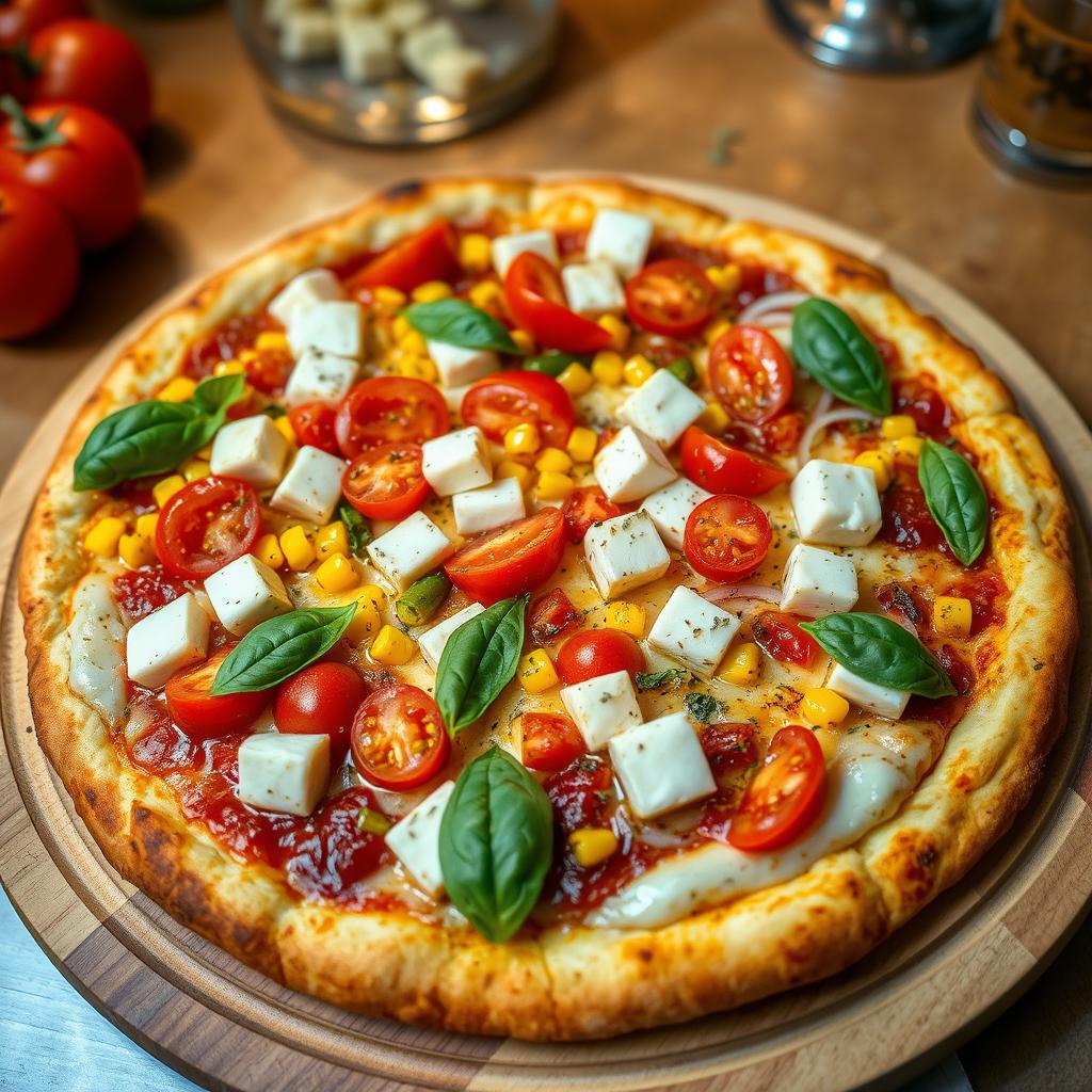 A mouthwatering pizza topped with juicy, ripe tomatoes, soft and creamy paneer cubes, sweet golden corn, crunchy green and red capsicum, and fresh onion slices, all layered under a blanket of gooey, melted mozzarella cheese for an irresistible flavor experience