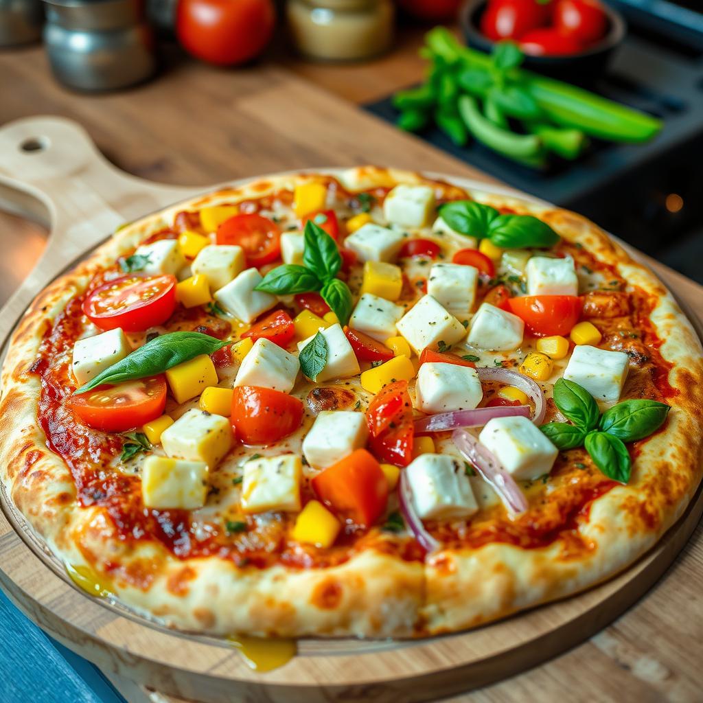 A delicious pizza topped with juicy, ripe tomatoes, soft paneer cubes that melt in your mouth, sweet golden corn, crunchy capsicum (bell peppers) in vibrant colors, and fresh onion slices, all covered with a generous layer of gooey mozzarella cheese for an irresistible flavor