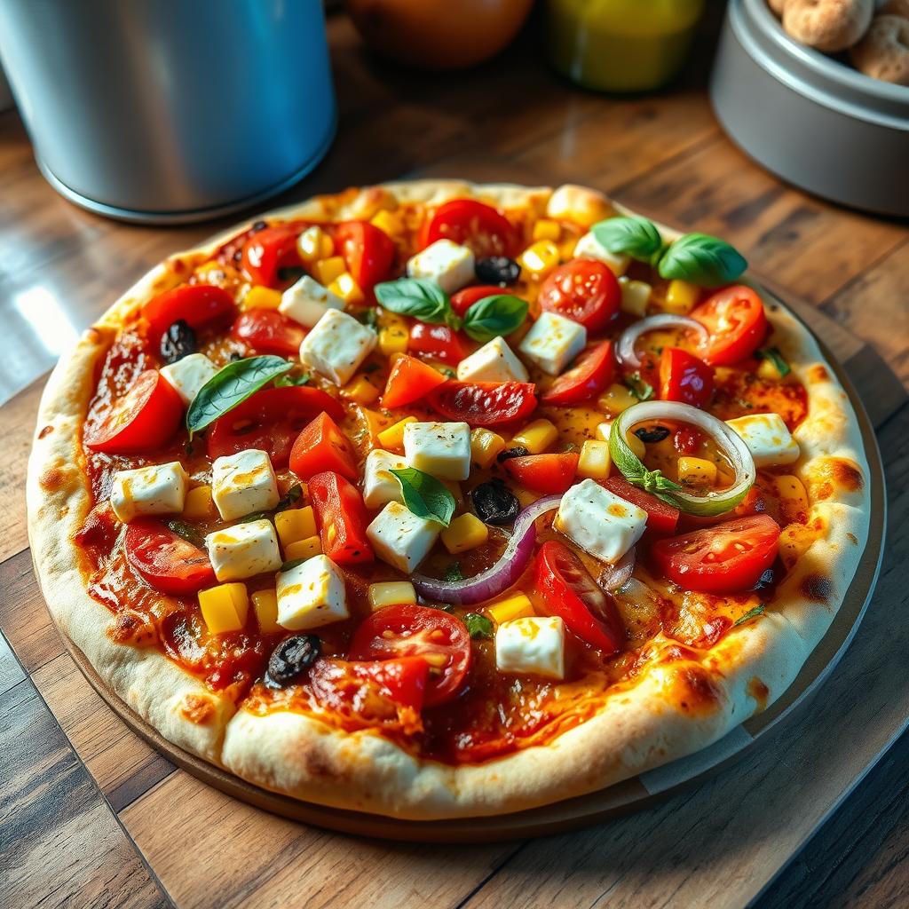 A delectable pizza showcasing a vibrant array of toppings including juicy, ripe tomatoes, soft paneer cubes that melt in your mouth, sweet and crunchy corn, colorful capsicum (bell peppers) slices, and fresh onion rings, all generously layered under a bubbling, gooey mozzarella cheese that pulls away in strings