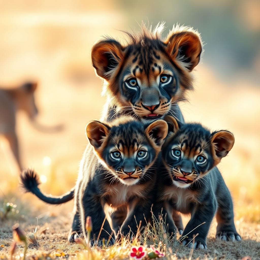 A delightful scene featuring two adorable black lion cubs in a playful moment