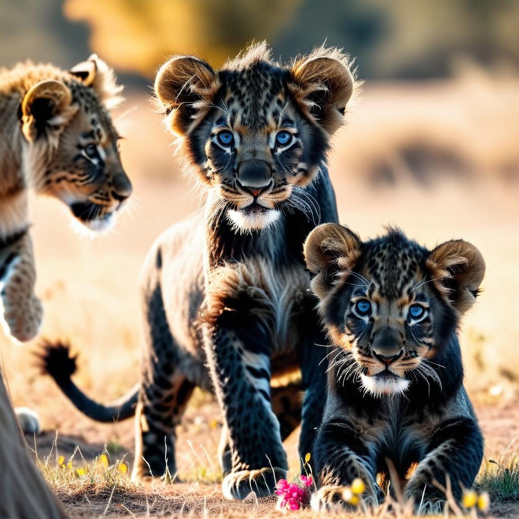 Tow black lion cubs, one a majestic boy and one a cute girl.