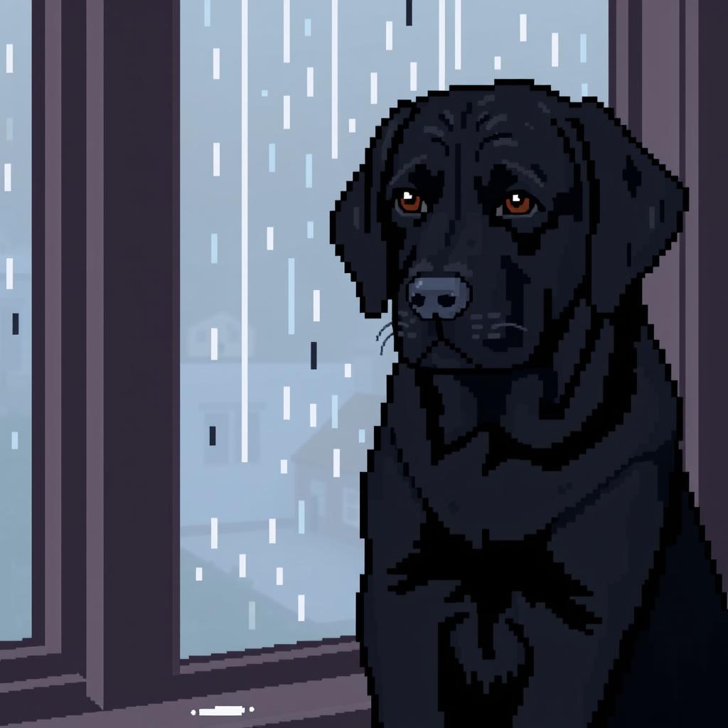 A pixel art scene capturing a poignant moment of a loyal black Labrador sitting by a rainy window, looking outside with a sad expression