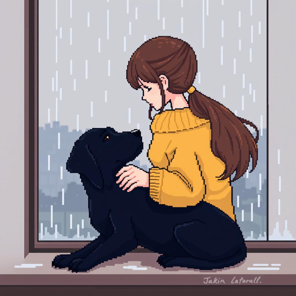 A pixel art scene depicting a touching moment with a loyal black Labrador and a girl sitting together by a rainy window