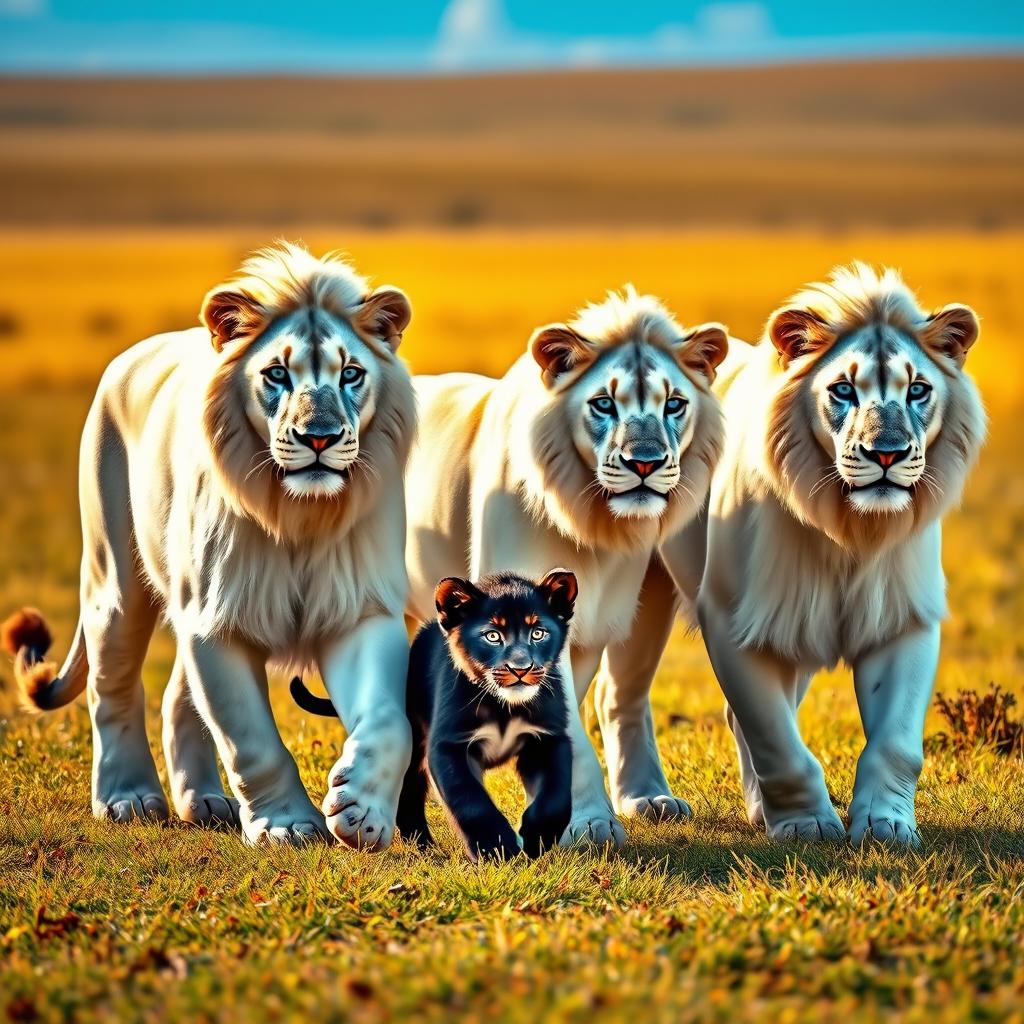 Three majestic white lionesses walking gracefully next to a playful black lion cub in a vibrant savannah landscape