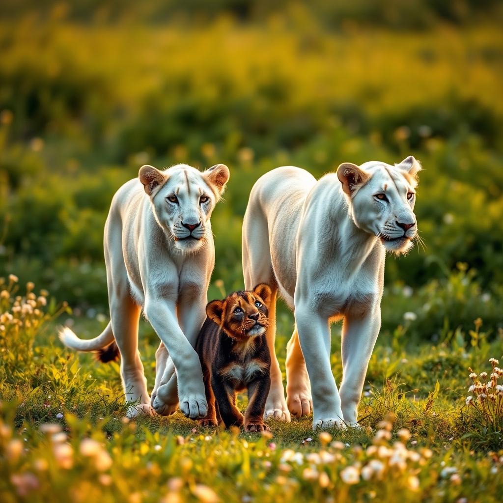 Three elegant white lionesses gracefully walking side by side, their fur shimmering under the golden sunlight, with a playful black lion cub in the center