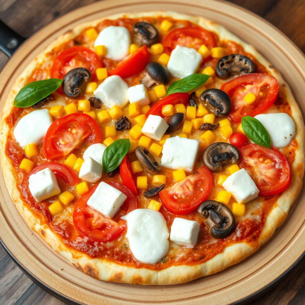 A vibrant pizza featuring juicy tomatoes, sweet corn, earthy mushrooms, and soft paneer cubes, all perfectly layered beneath a generous amount of melted mozzarella cheese