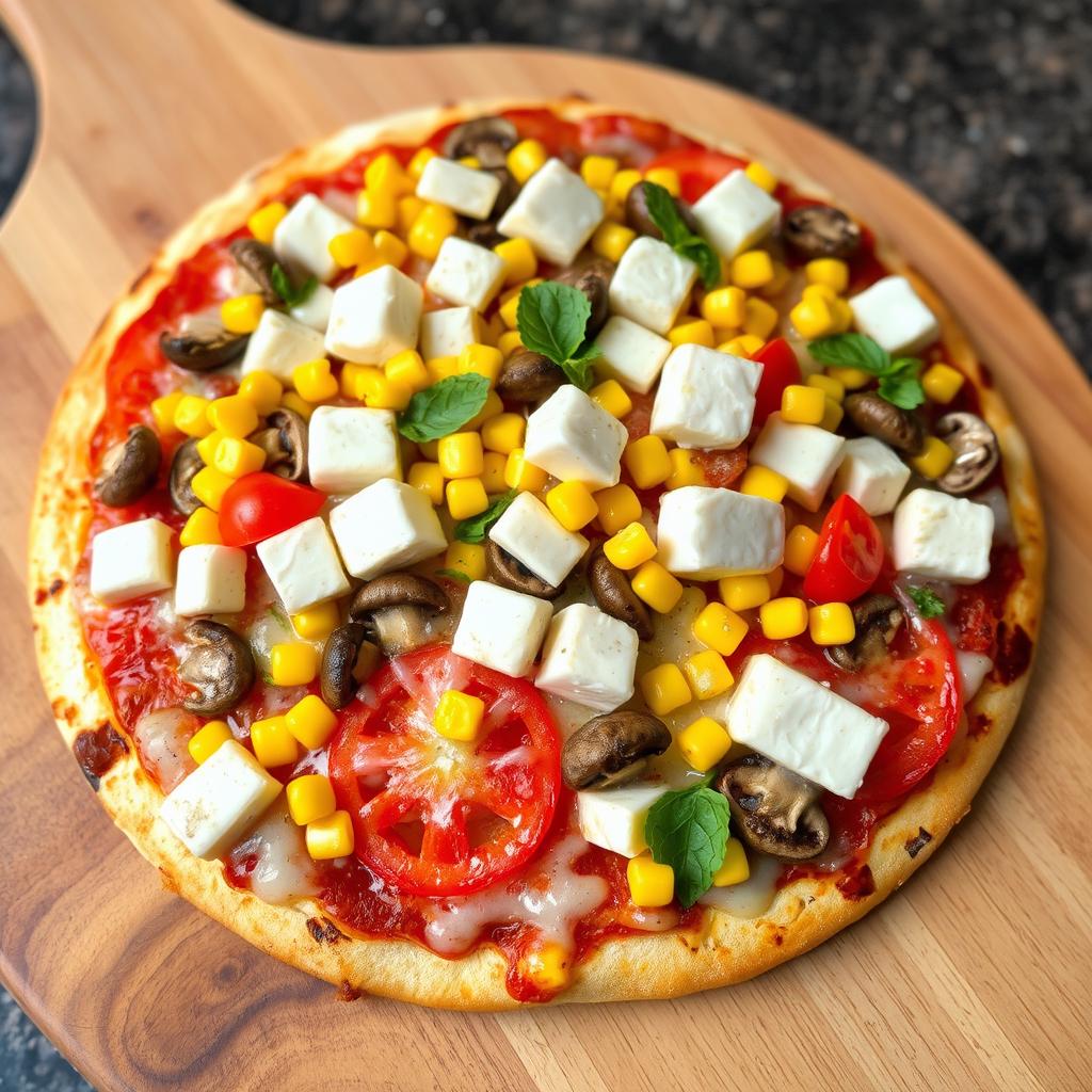 A vibrant pizza stacked high with juicy tomatoes, sweet corn kernels, earthy mushrooms, and soft paneer cubes, all generously layered beneath a gooey blanket of melted mozzarella cheese